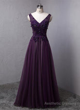 Dark Purple V-neckline Beaded Tulle Long Formal Dress, Purple Evening Dress